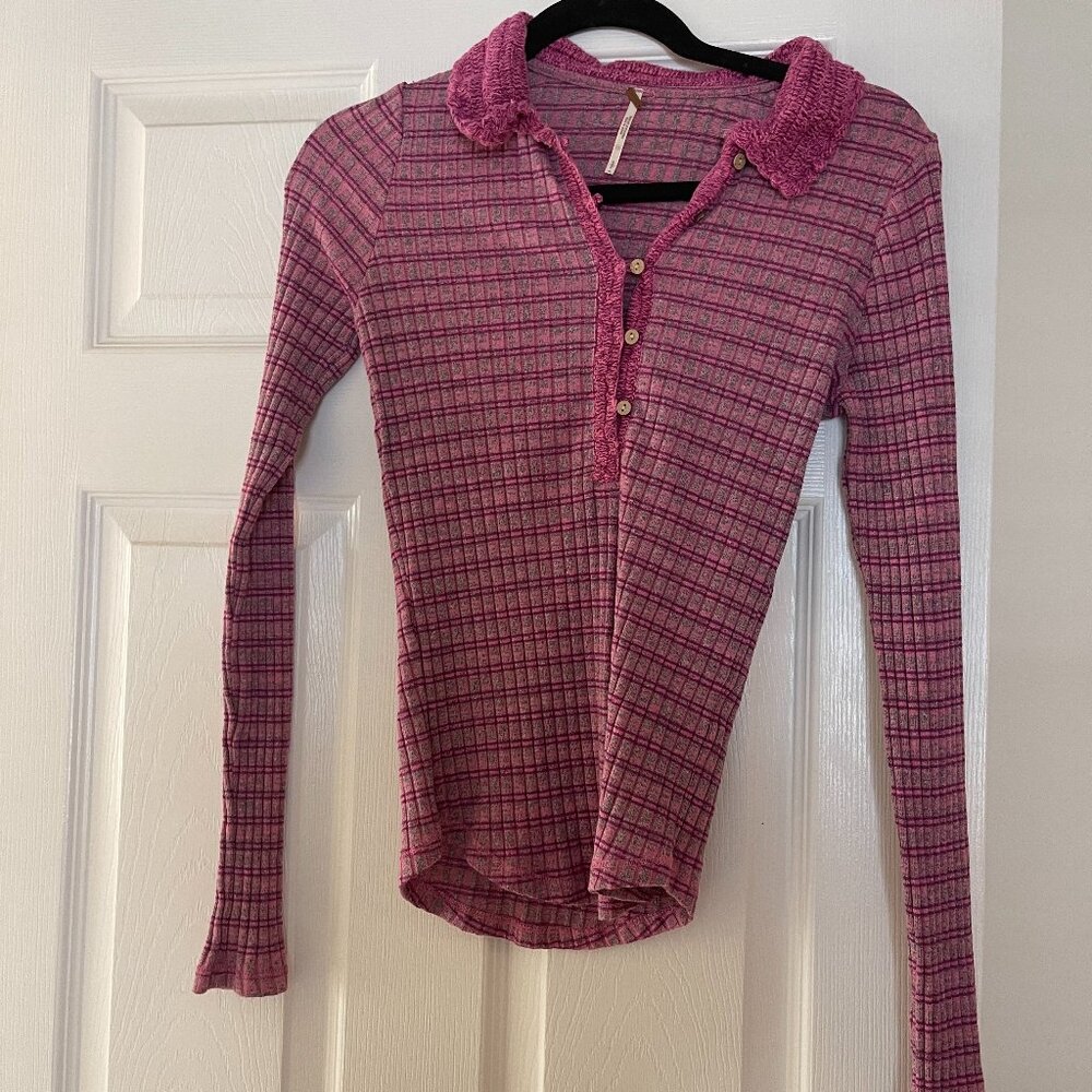 Free People Pink Crochet and Knit Button Down Top Size Small